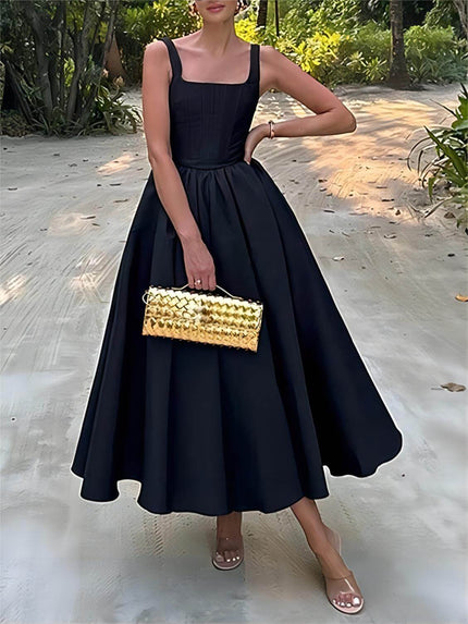 Stylish And Elegant Off-Shoulder Strapless Sleeveless Mixi Dress Black Dresses