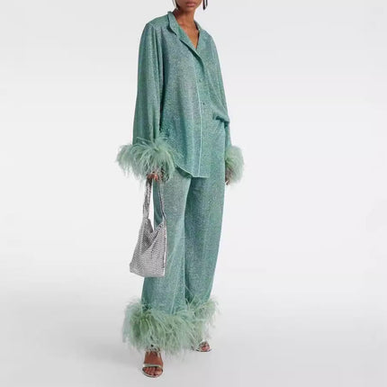 Ruby | Feather Collar Two-Piece Set Pastel Blue Dresses