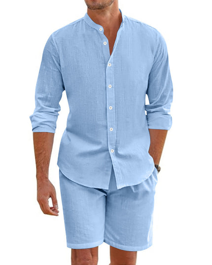 Summer Short Shirt Suit Fashion Lapel Button Down Short Sleeve Top And Drawstring Shorts Beach Clothing For Men