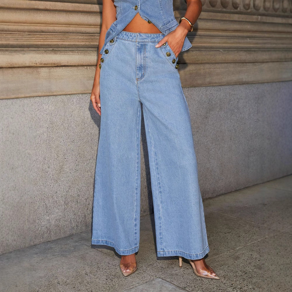 Women’s Denim Vest & Wide‑Leg Trousers Set Blue Jeans Sets