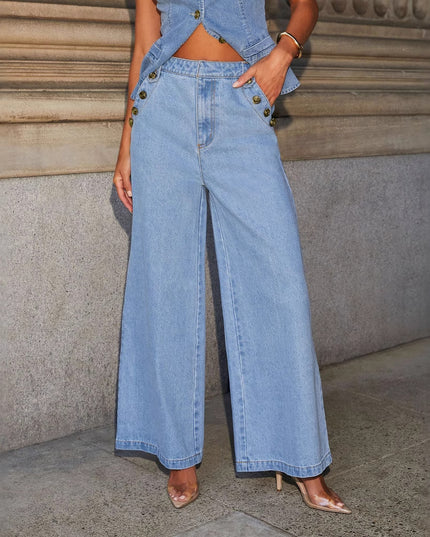 Women’s Denim Vest & Wide‑Leg Trousers Set Blue Jeans Sets