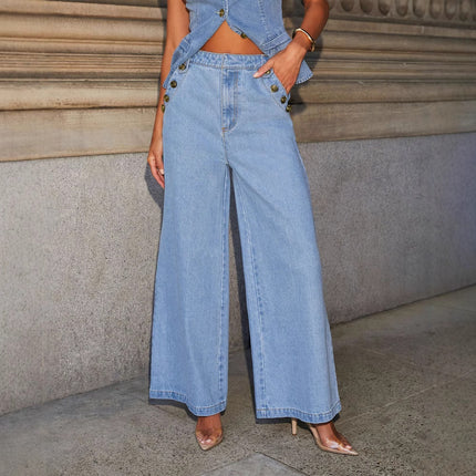 Women’s Denim Vest & Wide‑Leg Trousers Set Blue Jeans Sets