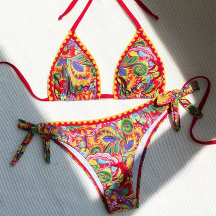 Amara | Colourful Patchwork Triangle Bikini Set Red TOP