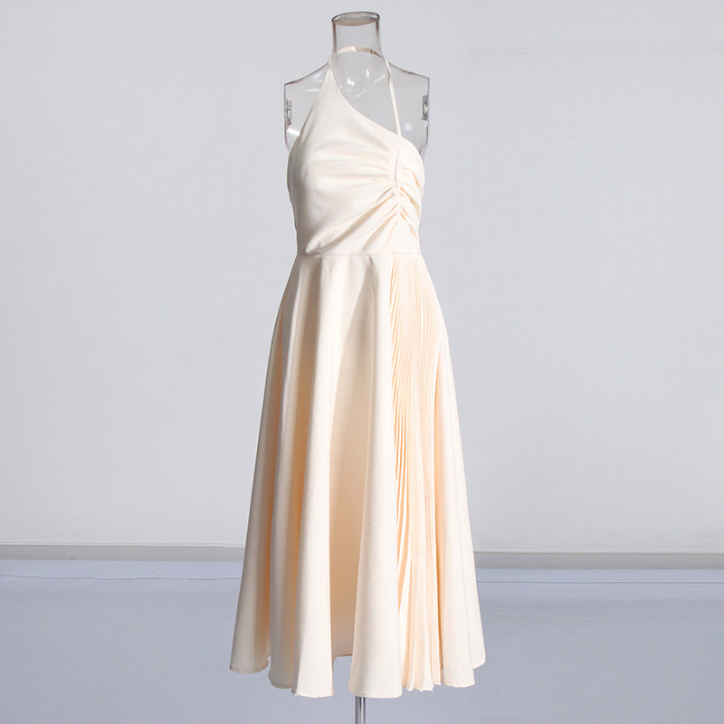 Daphne™ | White Oblique Shoulder Sling Pleated Dress Dresses