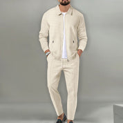 Men's Breathable Waffle Knit 2-Piece Set with Zippered Lapel Cardigan and Pants Beige Men Set