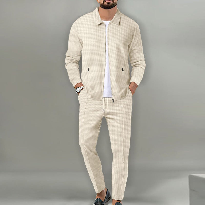Men's Breathable Waffle Knit 2-Piece Set with Zippered Lapel Cardigan and Pants Beige Men Set
