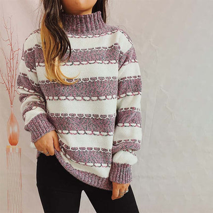 Two-Tone Striped Turtleneck Sweater Purple sweater