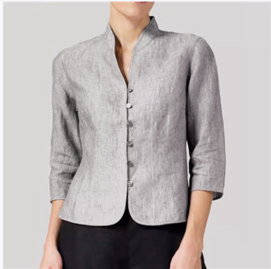 Women’s Slim Fit Button Jacket – Sleeve V-Neck Stand Collar Solid Color Outwear Top Light Gray Women Tops