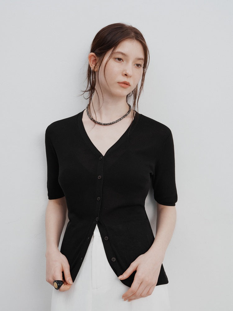 Zuri™ | Ice Silk Knitted Cardigan Blouse Black Blouse