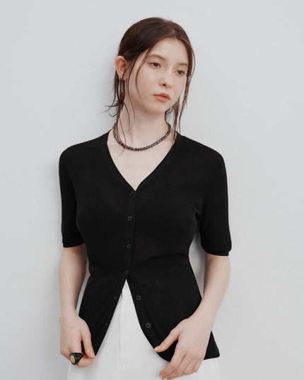 Zuri™ | Ice Silk Knitted Cardigan Blouse Black Blouse