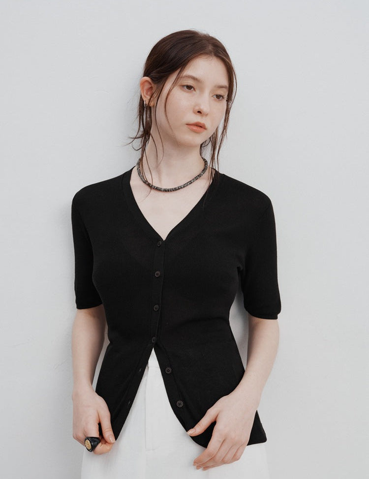 Zuri™ | Ice Silk Knitted Cardigan Blouse Black Blouse