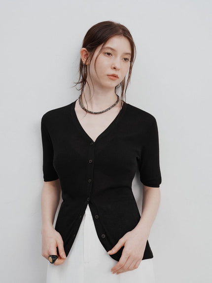 Zuri™ | Ice Silk Knitted Cardigan Blouse Black Blouse