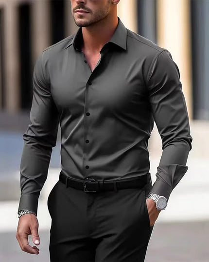 Men's Summer Solid Color Long Sleeve Lapel Shirt Shirt