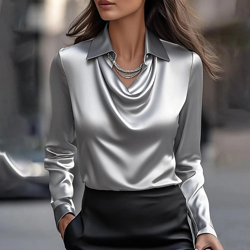 Women’s Swing‑Collar Satin Blouse Gray Women Blouse