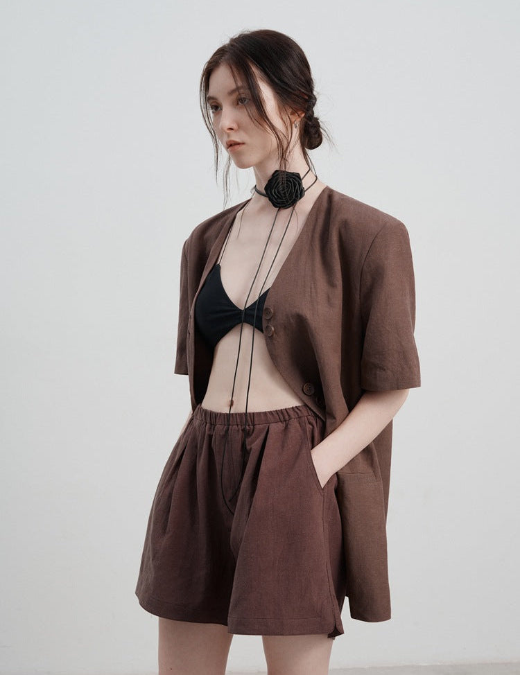 Vesper | High Waist A-line Wide Leg Shorts Brown