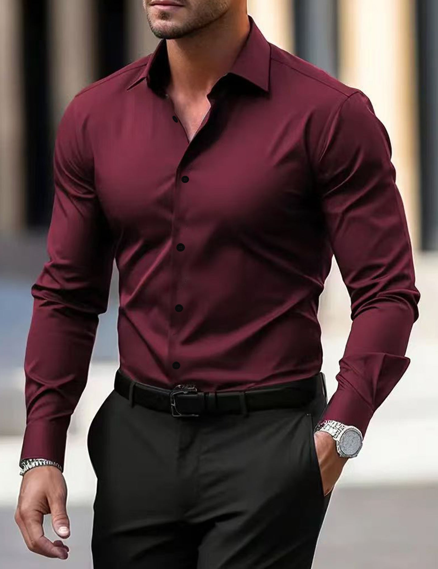 Men's Summer Solid Color Long Sleeve Lapel Shirt Wine Red Shirt