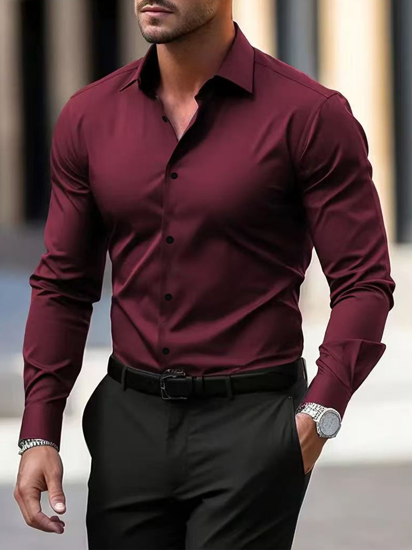 Men's Summer Solid Color Long Sleeve Lapel Shirt Wine Red Shirt