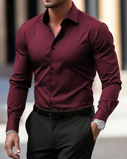 Men's Summer Solid Color Long Sleeve Lapel Shirt Wine Red Shirt
