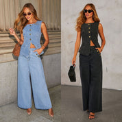 Women’s Denim Vest & Wide‑Leg Trousers Set Sets