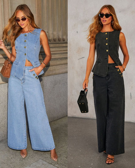Women’s Denim Vest & Wide‑Leg Trousers Set Sets