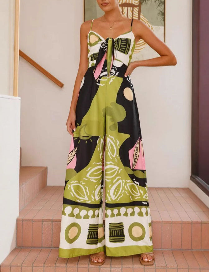 Unique Painted Print Suspenders Wide-leg Jumpsuit Green Dresses