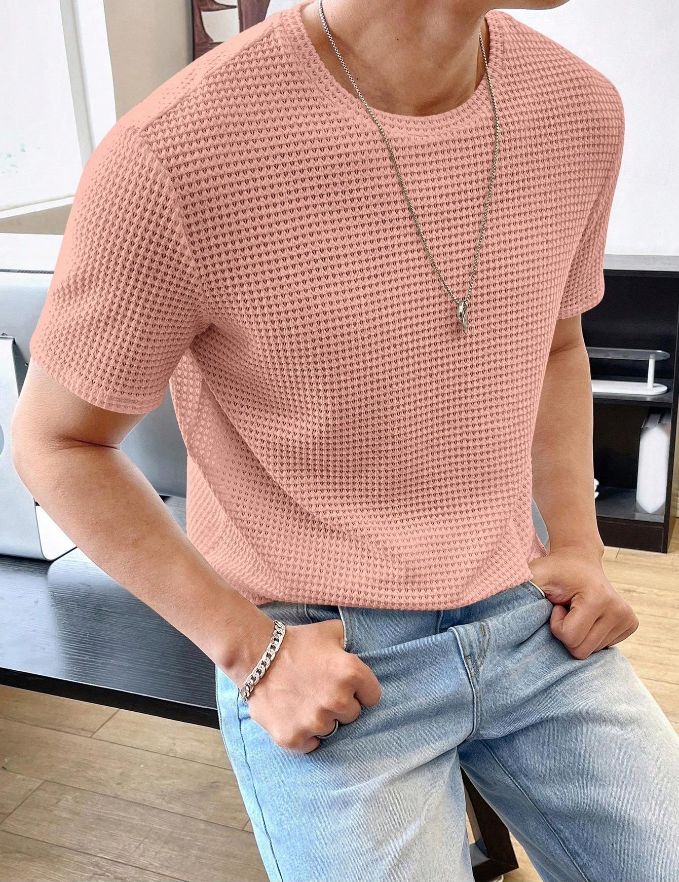 Men's Casual Loose Solid Color Short Sleeve T-Shirt Pink T-Shirts