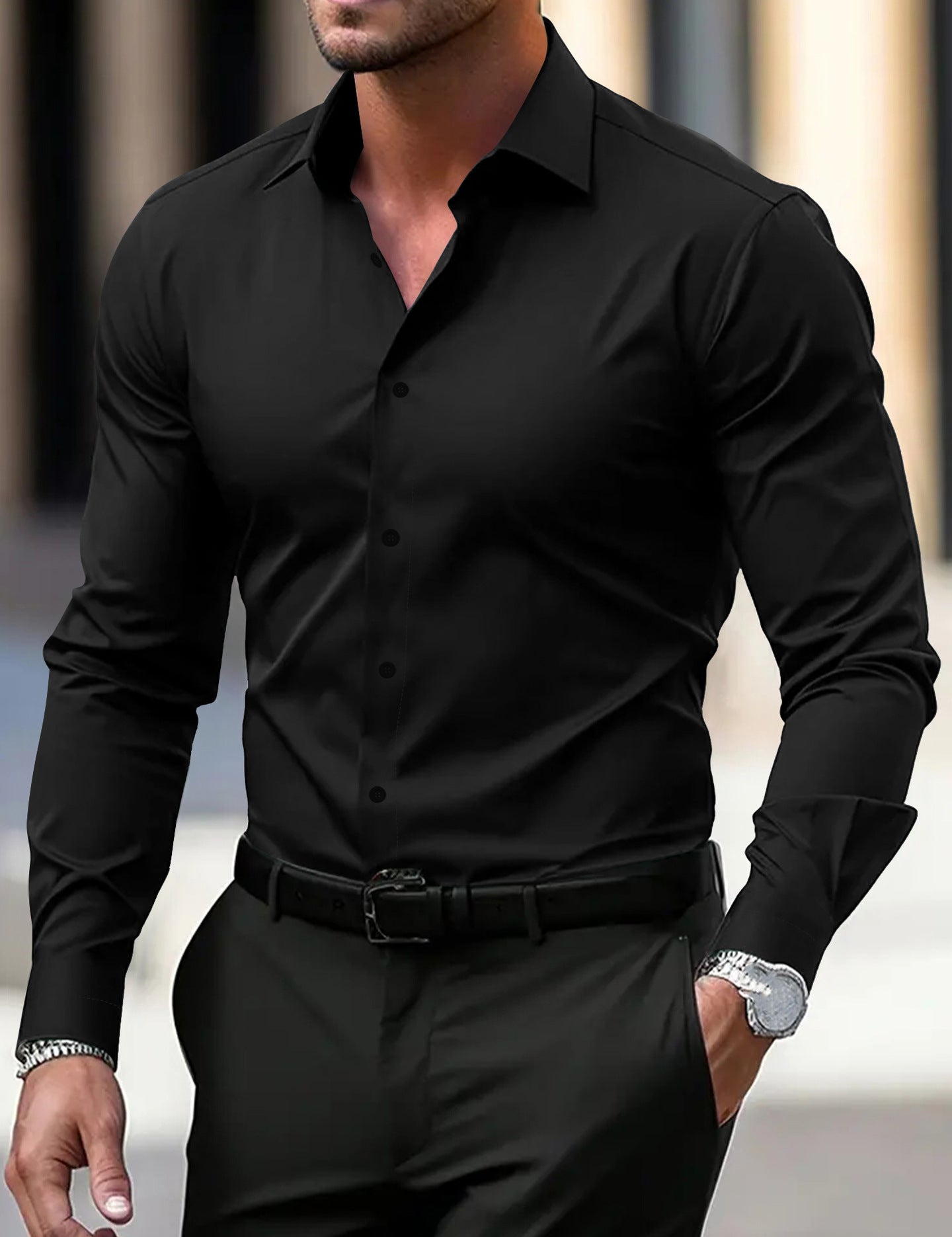 Men's Summer Solid Color Long Sleeve Lapel Shirt Black Shirt