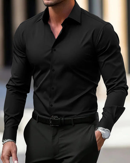 Men's Summer Solid Color Long Sleeve Lapel Shirt Black Shirt