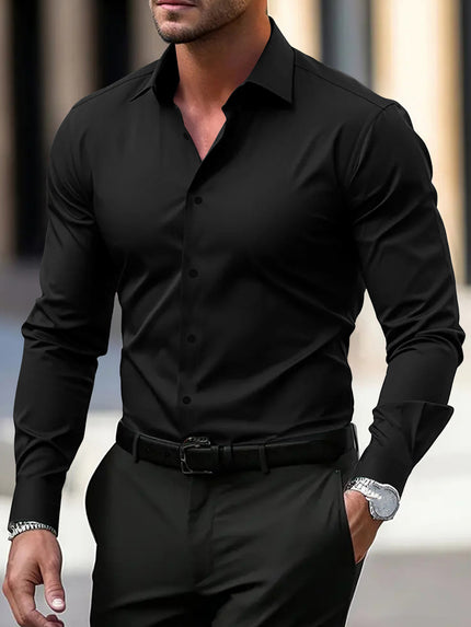 Men's Summer Solid Color Long Sleeve Lapel Shirt Black Shirt