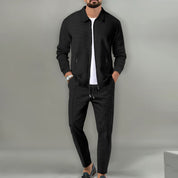 Men's Breathable Waffle Knit 2-Piece Set with Zippered Lapel Cardigan and Pants Black Men Set