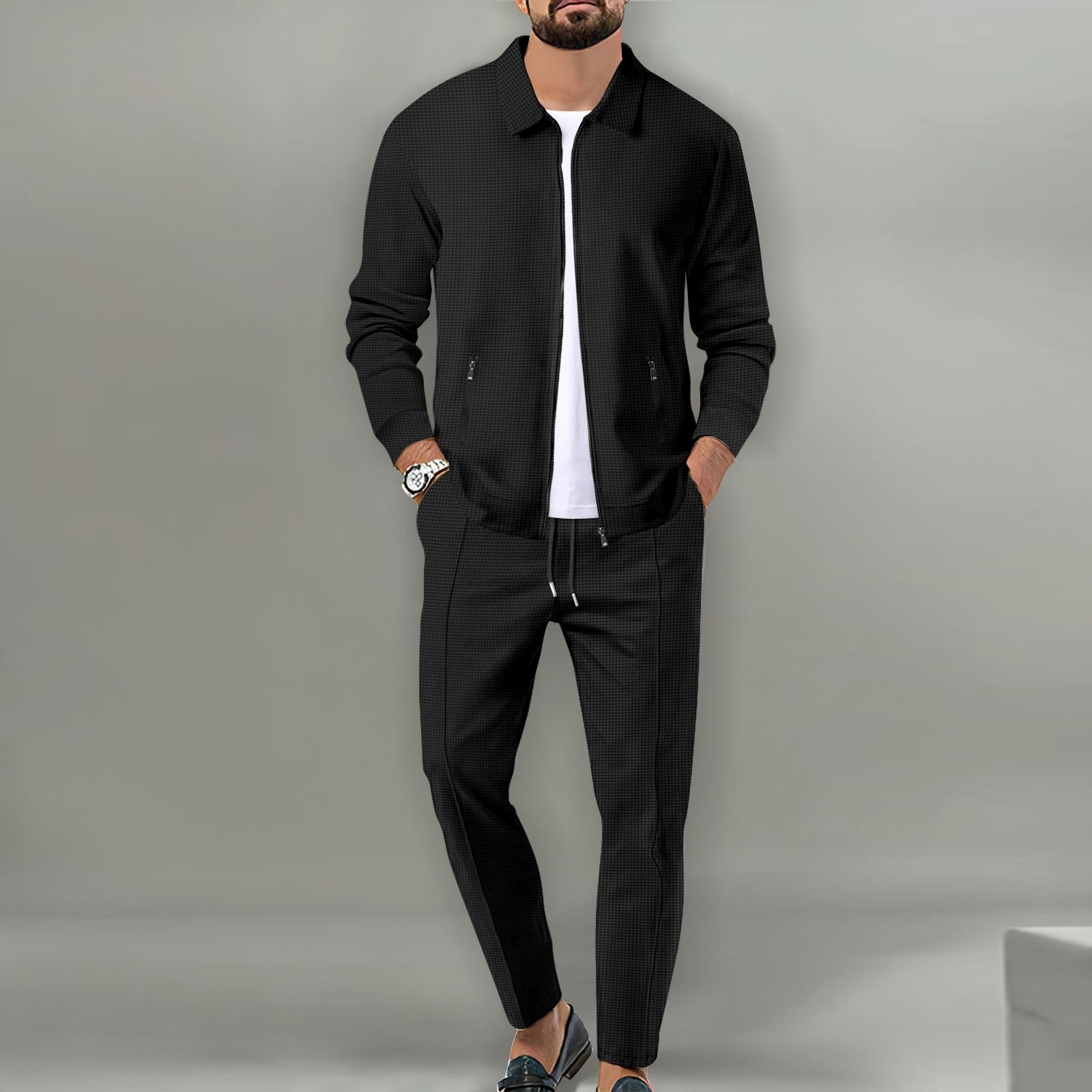 Men's Breathable Waffle Knit 2-Piece Set with Zippered Lapel Cardigan and Pants Black Men Set