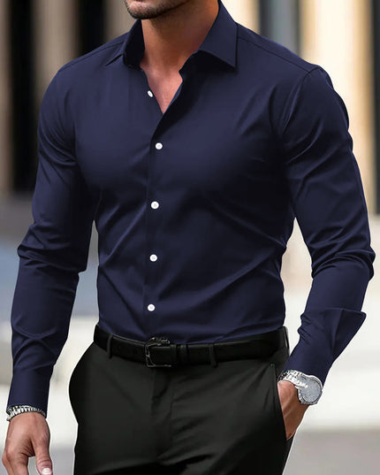 Men's Summer Solid Color Long Sleeve Lapel Shirt Navy Blue Shirt