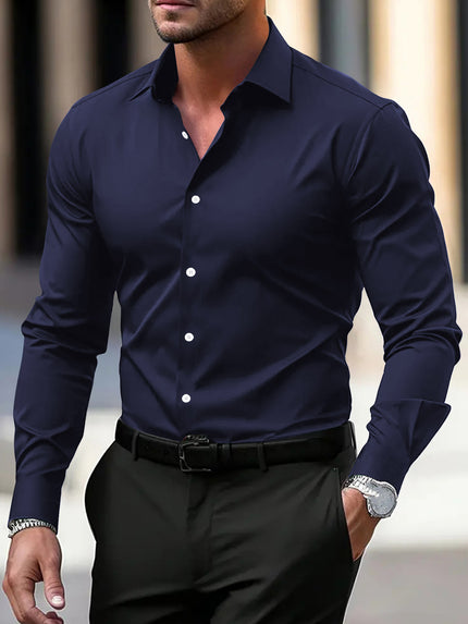 Men's Summer Solid Color Long Sleeve Lapel Shirt Navy Blue Shirt