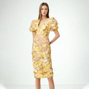 Emilia™ | Floral Puff Sleeve Midi Dress Yellow Dress