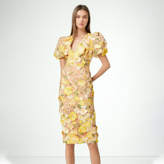 Emilia™ | Floral Puff Sleeve Midi Dress Yellow Dress