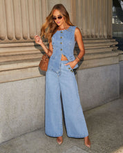 Women’s Denim Vest & Wide‑Leg Trousers Set Blue Suit Sets