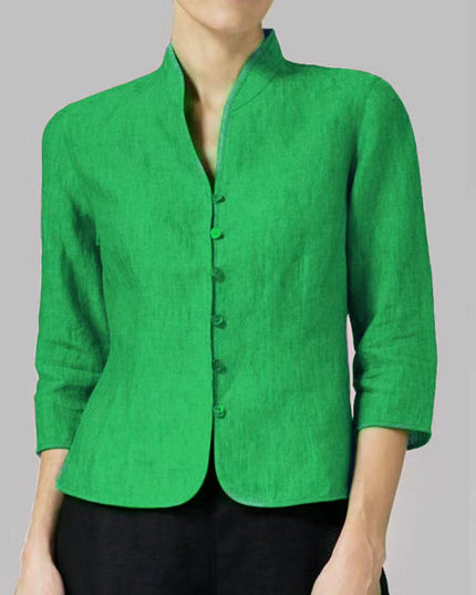 Women’s Slim Fit Button Jacket – Sleeve V-Neck Stand Collar Solid Color Outwear Top Green Women Tops