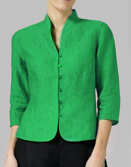 Women’s Slim Fit Button Jacket – Sleeve V-Neck Stand Collar Solid Color Outwear Top Green Women Tops