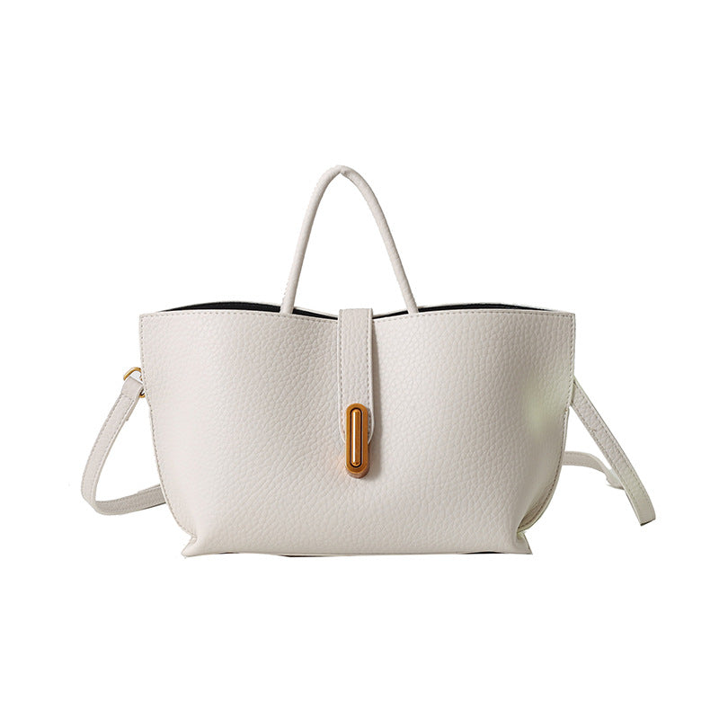 Women's Litchi Pattern Shoulder Bucket Bag Beige Bag
