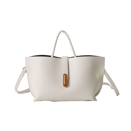 Women's Litchi Pattern Shoulder Bucket Bag Beige Bag