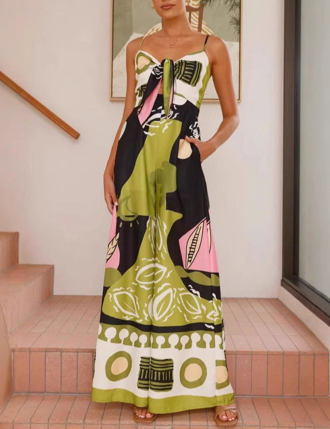 Unique Painted Print Suspenders Wide-leg Jumpsuit Dresses