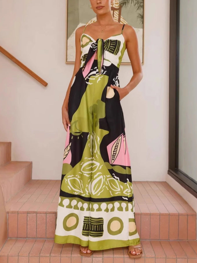 Unique Painted Print Suspenders Wide-leg Jumpsuit Dresses