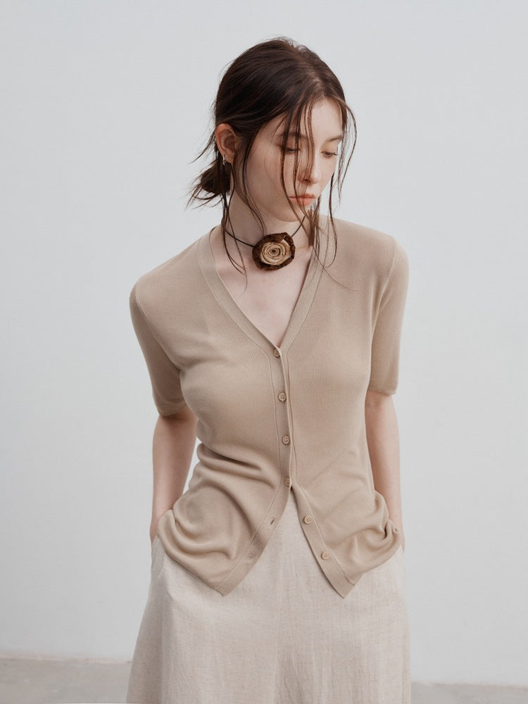 Zuri™ | Ice Silk Knitted Cardigan Blouse light brown Blouse