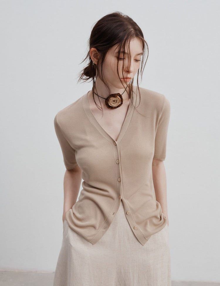 Zuri™ | Ice Silk Knitted Cardigan Blouse light brown Blouse