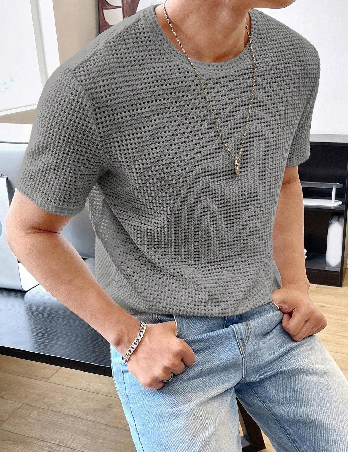 Men's Casual Loose Solid Color Short Sleeve T-Shirt Gray T-Shirts