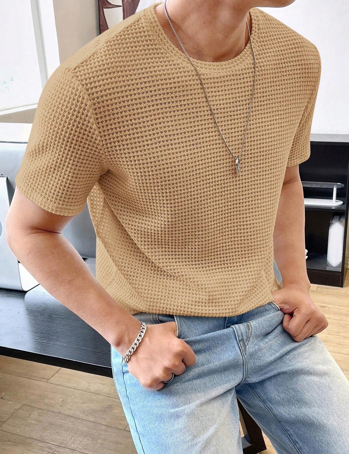 Men's Casual Loose Solid Color Short Sleeve T-Shirt Khaki T-Shirts
