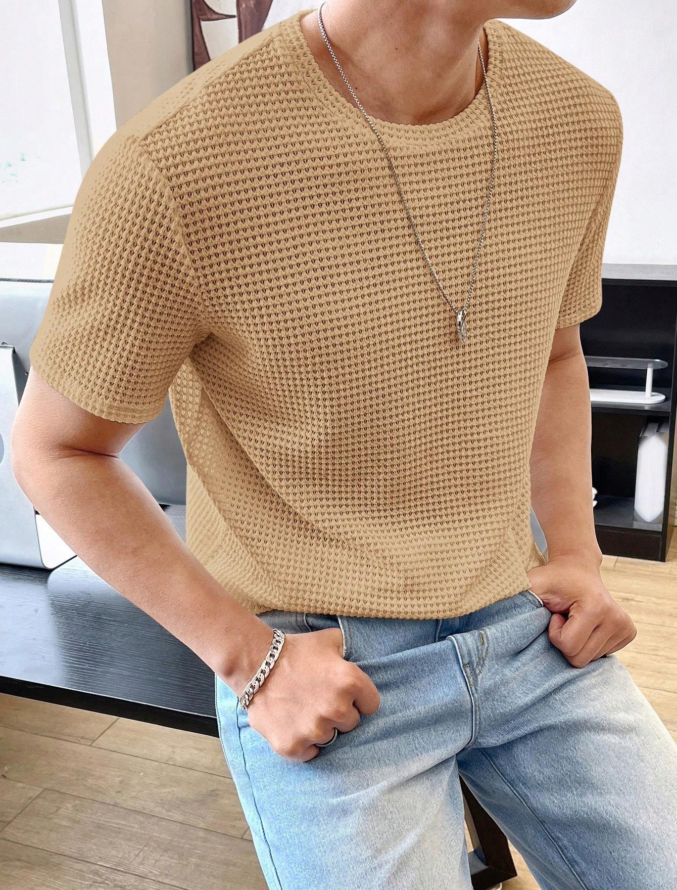 Men's Casual Loose Solid Color Short Sleeve T-Shirt Khaki T-Shirts
