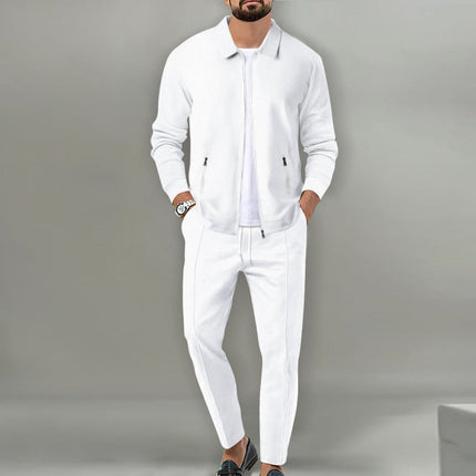 Men's Breathable Waffle Knit 2-Piece Set with Zippered Lapel Cardigan and Pants White Men Set