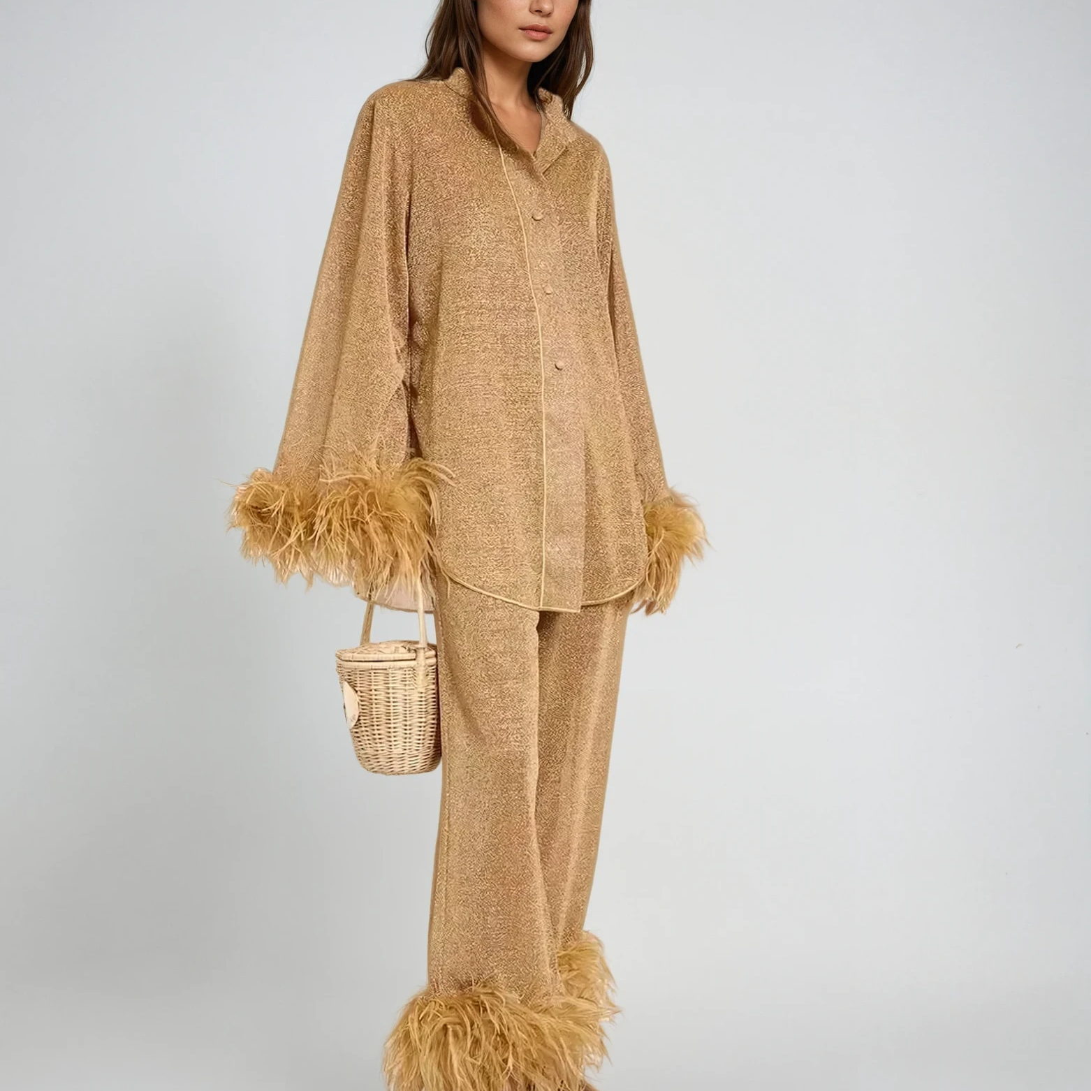 Ruby | Feather Collar Two-Piece Set Khaki Light Brown Dresses
