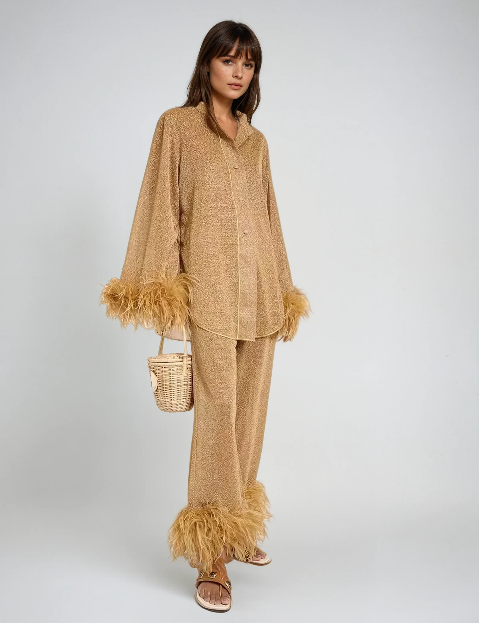 Ruby | Feather Collar Two-Piece Set Khaki Light Brown Dresses